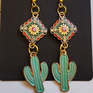 Handmade Boho Rhinestone Mint Green Western Cactus Dangle Earrings